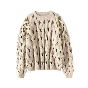 Pull décontracté pour femme en maille <span class=keywords><strong>ajourée</strong></span> à col rond avec logo frontal, haute densité de fibres (GSM élevé) - Product Image 5