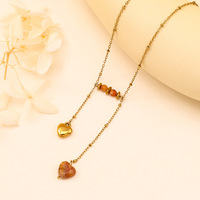 Collier double couche en acier inoxydable, pendentif cœur en pierre naturelle avec perles rondes, bijoux de mode bohème empilables pour femmes
