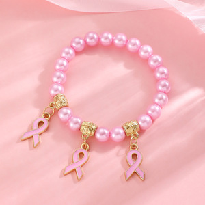 Braccialetti di <span class=keywords><strong>perle</strong></span> fatte a mano da donna con ciondoli a nastro <span class=keywords><strong>rosa</strong></span> braccialetti per la consapevolezza del cancro al seno - Product Image 5