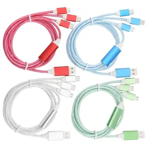 Kabel pengisi daya cepat Universal, kabel pengisian daya Universal 3 dalam 1 bercahaya LED Multi USB untuk iPhone Xiaomi Samsung