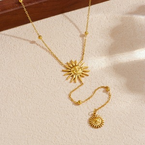 Fashionable Retro Sun Face Pendant Gold Plated Long Chain Y Shape Stainless Steel Necklace Daily Party Jewelry - Product Image 2