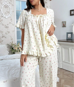 <strong>Plus</strong> <strong>Size</strong> Women's Pajama Oversize Sleepwear Large Rose Printed Pajamas for Women <strong>Set</strong> Square Neckline &amp; Bow Tie <strong>Loungewear</strong> <strong>Set</strong> - Product Image 5