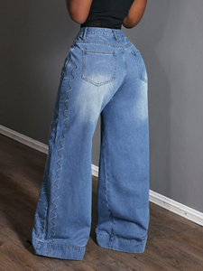 <span class=keywords><strong>Jean</strong></span> Baggy en Denim Délavé Vintage pour <span class=keywords><strong>Femme</strong></span> avec Broderie Personnalisée Modèles à Jambe Large - Product Image 3