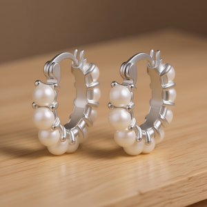 Orecchini a Cerchio in Oro Bianco con Perle Finte AAA Rotonde, Argento 925 Placcato Rodio, Gioielli Classici da Donna per Uso Quotidiano - Product Image 2