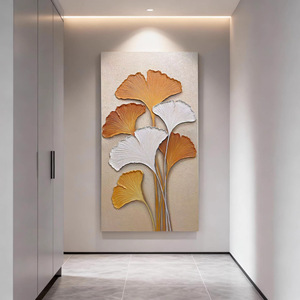 Hand Painted Ginkgo Leaves Oil Painting Beige <b>Frame</b> Rectangle Abstract Art Wall Hanging For Entrance Hall Living Room Sofa - Product Image 2