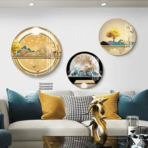 Modern Asian style golden deer Printing 3 pezzi Round Metal Framed Crystal Porcelain Painting Wall Art
