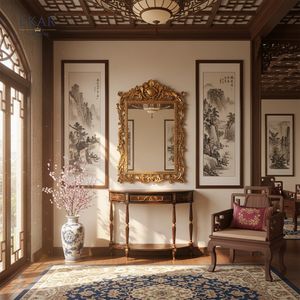 Table console demi-lune EKAR Regency avec marqueterie en bois de ronce et accents dorés - Product Image 2