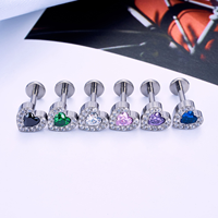 Boucles d'oreilles en titane F136 16G à dos plat, bijoux de corps pour piercing d'oreille, conch, tragus, hélix, labret en forme de cœur pavé de CZ