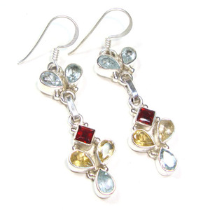 Pendientes colgantes hechos a mano de plata de ley pura con piedra multicolor de estilo indio étnico, pendientes de gota de plata de ley Boho - Product Image 2