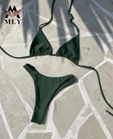 MLY Nouveau Maillot de Bain Deux Pièces Couleur Unie Sexy avec Dentelle, Bikini Triangle Dos Nu et Bandeau pour Femme Tendance