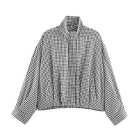 Nouvelle Veste Courte Décontractée à Carreaux Vichy pour Femme 2026 – Col Montant Zippé, Manches Longues, Coupe Ample