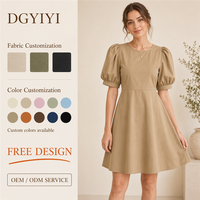 Robe en coton 200 GSM à manches bouffantes pour femme, décontractée, unie, col rond, coupe trapèze fluide, personnalisable avec logo OEM ODM, tailles XS-5XL, robe florale pour femme