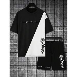 Ensemble de survêtement personnalisé pour homme, imprimé color block, t-shirt à manches courtes et short à cordon de serrage, ensemble 2 pièces décontracté et respirant pour l'été - Product Image 1