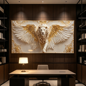 <span class=keywords><strong>Quadro</strong></span> Orizzontale 3D Personalizzato con <span class=keywords><strong>Leone</strong></span> Bianco Alato, Decorazione da Parete con Glitter Dorato per Ufficio e Casa, Stampa su Porcellana Cristallina con LED - Product Image 1