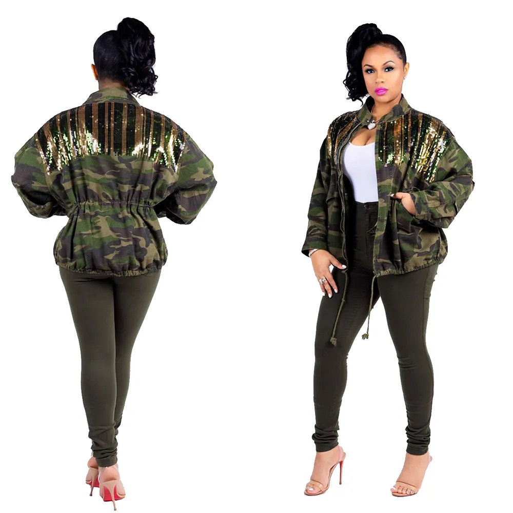 Wholesale With Pocket Camouflage Printed Lady Thin Coat For Women Sequined Patchwork Coat Fashion Army Green Female Jackets