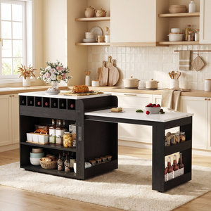 Isla de Cocina Negra Moderna SENYU con Encimera de Mármol Blanco, Estantes Abiertos, Almacenamiento para Vino, Mesa de Preparación Multifuncional - Product Image 1