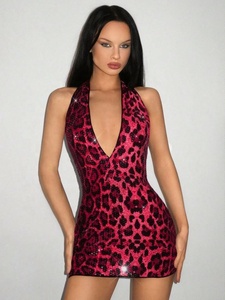 Nuovo Abito Estivo da Donna Senza Maniche con Scollo all'Americana, Stampa Leopardata, Paillettes, Scollo <span class=keywords><strong>a</strong></span> V Profondo, Schiena Scoperta, Vita Alta, in Seta di Latte Antistatica, Aderente - Product Image 4