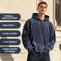 Sudadera con capucha de lujo para hombre, estilo Y2K, de algodón lavado azul marino, 400GSM, oversize, con cremallera completa, hombros caídos y adornos de cristales de imitación.