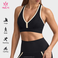 Soutien-gorge de sport pour femme, personnalisé OEM, à bretelles croisées, col en V, dos découpé, à rayures contrastées bicolores, maintien élevé, pour fitness, yoga et entraînement