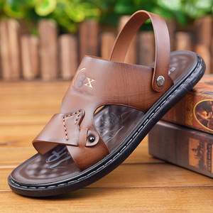 Men's Genuine Leather Flat Sandals Open Toe Anti Slip Breathable Waterproof Casual Summer <b>Beach</b> <b>Shoes</b> Embossed Logo - Product Image 1