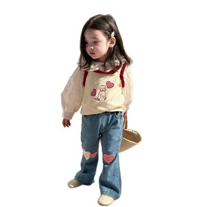 Girls' Korean Style Cartoon Knitted Vest With Jeans Set Spring Outfits For Children - Product Image 4