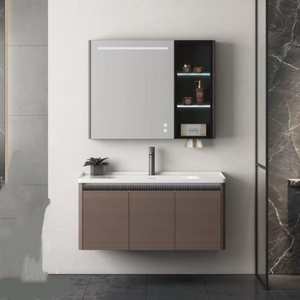 Meuble de salle de bain moderne en PVC, entièrement étanche, structure stable, avec miroir LED et lavabo en céramique - Product Image 1