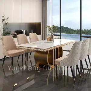 Modern stil altın yemek masası metal taban paslanmaz çelik ev mobilya mermer yemek masası oturma odası için