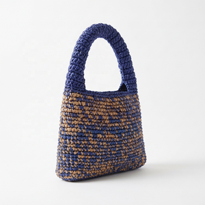 Handwoven <b>raffia</b> Mini Tote <b>Bag</b> Blue Beige Woven Handbag for Beach Travel Daily Use - Product Image 2