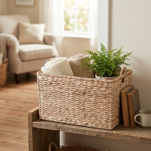 Decorative Braided Hyacinth Basket with Side Handles Rustic Farmhouse Storage <b>Container</b> for Living Room and Office - Product Image 5