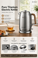 Bouilloire électrique en titane pur 1,8 L 1800 W, commande tactile, arrêt automatique, protection contre l'ébullition à sec, base rotative à 360°, sans métaux lourds