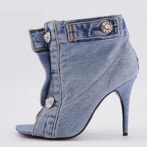Summer Square Open Toe High-Heeled Short <b>Boots</b> Denim Ankle Women Stiletto Sandals Front Buckles Jeans Shoes - Product Image 4