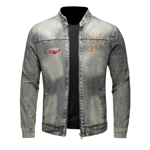 Chaqueta vaquera vintage personalizada para hombre, con cuello alto y cremallera, estilo casual, OEM, ropa de calle, moda, prenda exterior. - Product Image 1