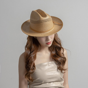 Personalizado Primavera Verano nueva moda mujeres hombres <span class=keywords><strong>Toyo</strong></span> papel paja Jazz sombrero para el sol tejido a mano ahueca hacia fuera el sombrero de vaquero de paja - Product Image 2