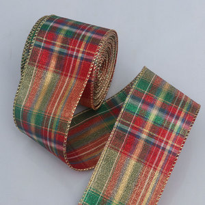 Pita Imitasi Kain Goni Motif Kotak-kotak Berkilau dengan Foil Emas, Pita Tartan Skotlandia, Benang Tenun, Tepi Benang Pancing untuk Natal - Product Image 5