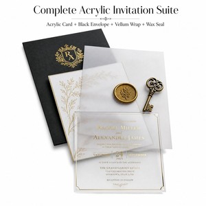 <span class=keywords><strong>Cartes</strong></span> d'invitation de mariage en acrylique, monogramme en feuille d'or transparente, enveloppe en vélin translucide, enveloppe noire, noms personnalisés - Product Image 4