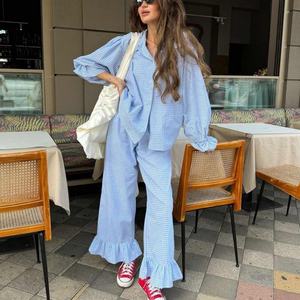 Nuevo Conjunto de Dos Piezas de Lino de Alta Calidad: Camisa Holgada Casual con Botones y Pantalones Rectos de Cintura Alta con Volantes - Product Image 1