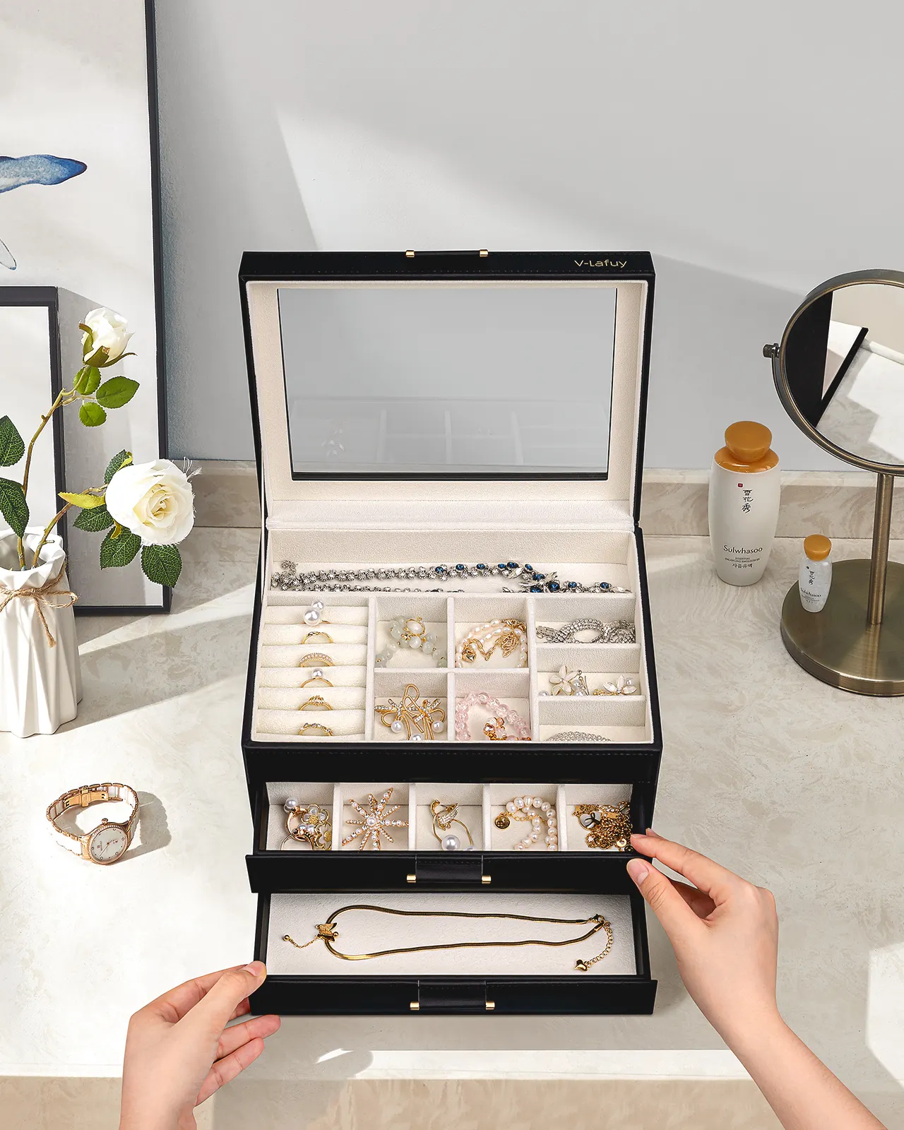תיבת תכשיטים ברורה כיסוי אקרילי 3-שכבות עם 2 מגירות תכשיטים מארגן מארגנת תכשיטים יוקרתיים תיבת קטיפה