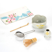 Ensemble de thé matcha peint à la main, bol en céramique moucheté Chawan, fouet en bambou Chasen, passoire, cuillère, motif floral, boîte cadeau, pour la maison