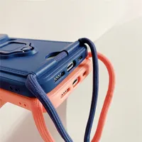 Étui Portefeuille en Silicone avec Anneau Support et Cordon Bandoulière pour iPhone 17 16 15 13 11 12 14 Pro Max XS XR 8 Plus avec Cache Coulissant pour Appareil Photo