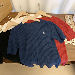 เสื้อถักไหมพรมแขนสั้นสำหรับผู้หญิง ปักลายม้า ผ้าฝ้ายเนื้อนุ่ม ระบายอากาศได้ดี สไตล์วินเทจ เหมาะสำหรับฤดูใบไม้ผลิและฤดูร้อน - Product Image 2