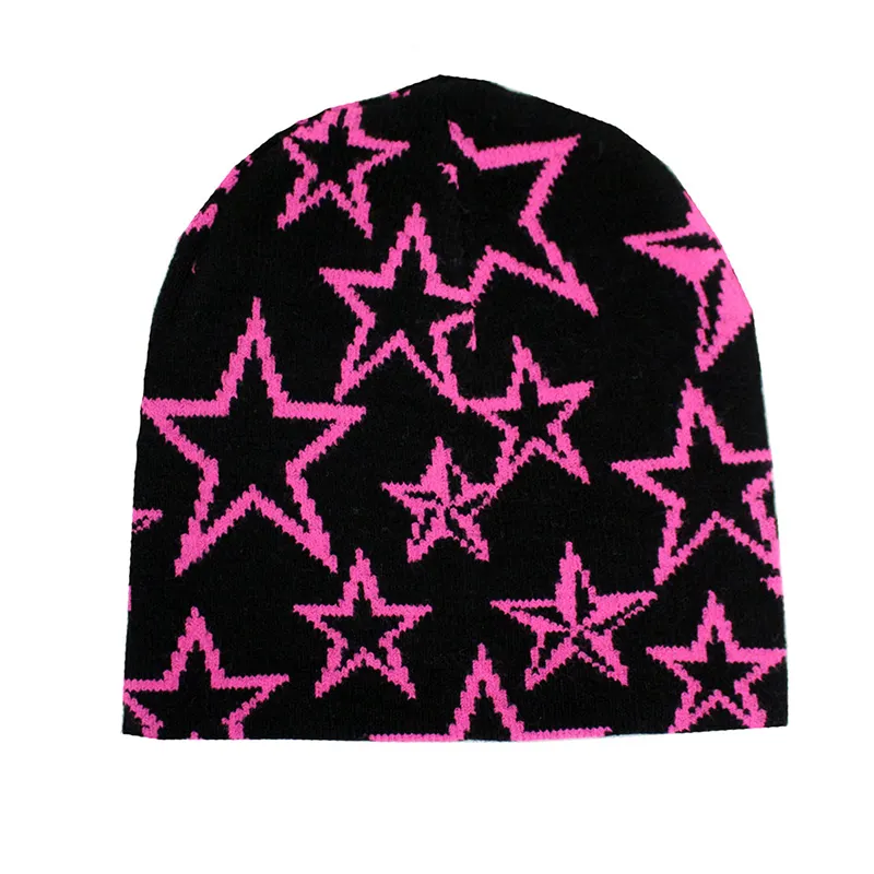 Exquisite Full Jacquard Black With Pink Stars Cute Winter Hat Knitted Cuffless Personalized Slouch Beanie Hat