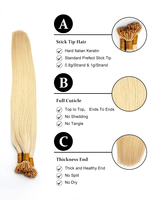 Vente en gros, extensions de cheveux humains à pointe I/U/K/Y précollée, cheveux à cuticule alignée avec kératine et pointe