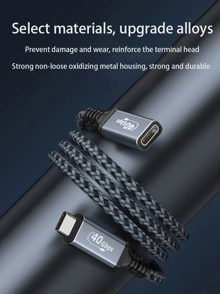 Cabo de extensão USB C 4.0 macho para fêmea, caixa de liga de alumínio, carregamento rápido, transferência de arquivo, material de cobre estanhado, telefones celulares