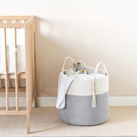 Cesto de lavandería de cuerda de yute y algodón con forro, borlas de cuentas, organizador plegable para ropa y juguetes, decoración boho para el hogar, venta al por mayor