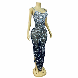 Abiti da Sera con Strass Argentati, Elegante <span class=keywords><strong>Vestito</strong></span> Lungo <span class=keywords><strong>Nero</strong></span> <span class=keywords><strong>Trasparente</strong></span> in Rete per Donna - Product Image 2