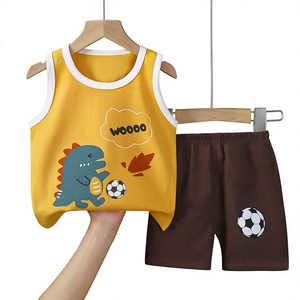 Bộ Quần Áo Bé Trai Mùa Hè Phong Cách Mới Chất Liệu Cotton, Áo Gile Và Quần Short Hai Món, Họa Tiết Động Vật, Màu Sắc Đơn Giản, Chữ Hoạt Hình - Product Image 1