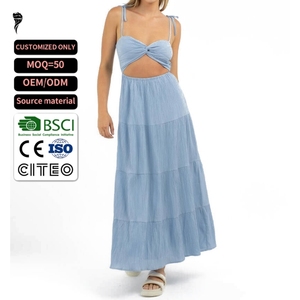 Nouvelle Arrivée Robe Longue Plissée Légère Personnalisée à Volants avec Bretelles Nouées et Découpes à la Taille pour Femme – Idéale pour l'Été et la <span class=keywords><strong>Plage</strong></span> - Product Image 1