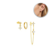 Elegante Juego de 3 Pendientes de Acero Inoxidable 316L Chapados en Oro, con Flor de Circonita Cúbica, Huggie con Pavé y Colgante de Cadena para Joyería de Perforación
