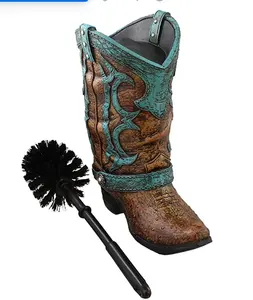 Hand Painted Resin Cowboy Boot Toilet Bowl and Black Cleaner Brush Holder Set For Bathroom