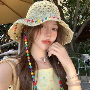 Chapeau de paille naturelle coloré à perles pour femme, pliable, à large bord, protection solaire, style pêcheur, à carreaux, respirant, design ajouré - Product Image 3